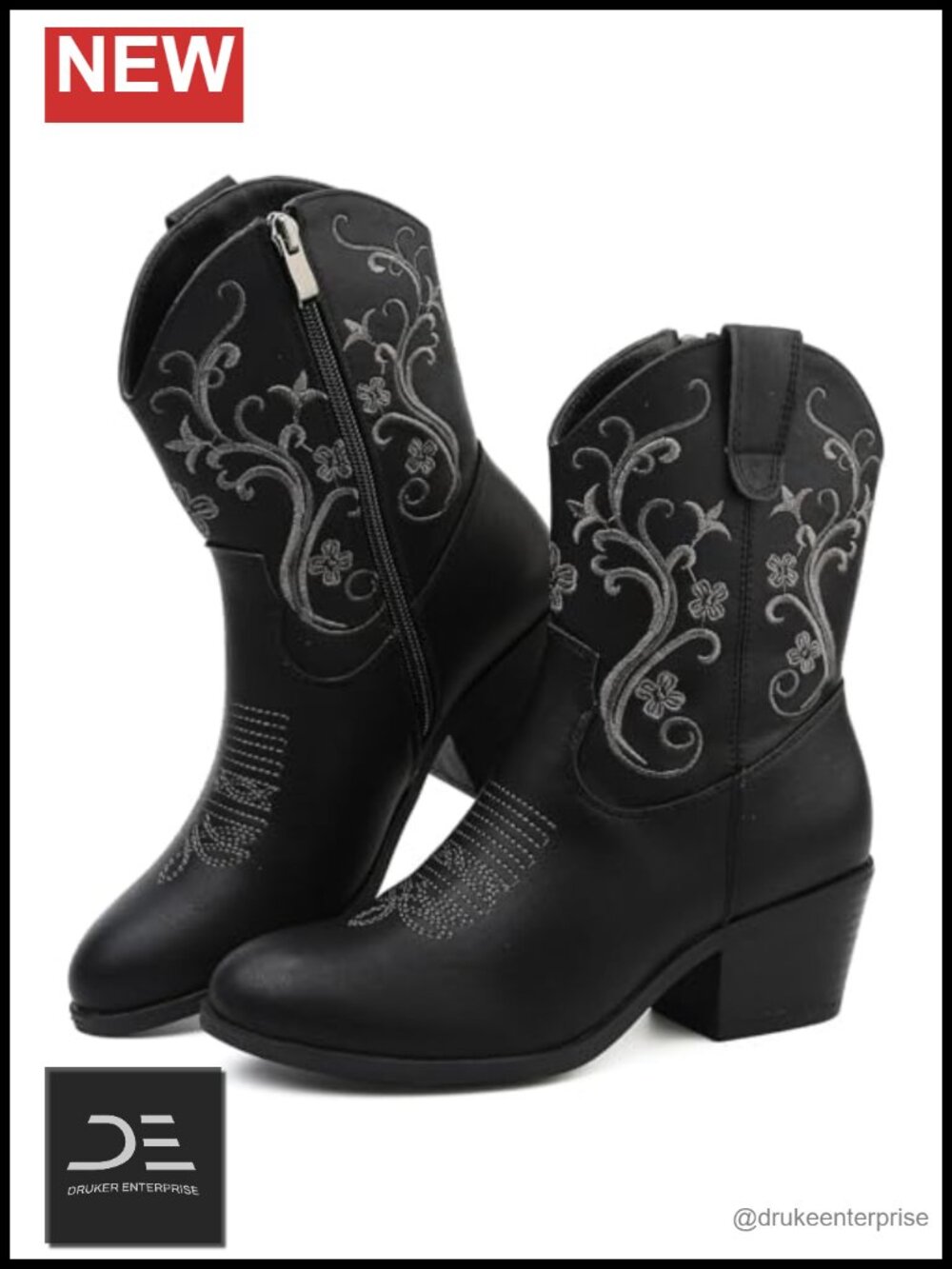 Women's Cowboy Boots Short Shaft Side Zip Floral Embroidered Ankle Boots Faux